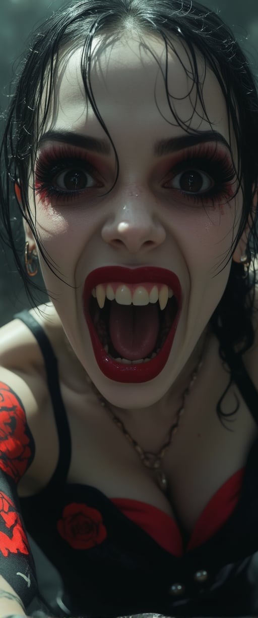 a high-speed action photograph of a beautiful, wicked female vampire. She has very long sharp fangs. She has large, crimson-streaked black eyes filled with malice and desire, extravagant dark eyelashes, perfect crimson rose tattoo, pretty gothic-core punk-style dress and wicked stiletto high heel boots, gleaming black lips, white skin, she exudes evil and dominance. Action shot of her snarling and attacking the viewer. Depth of Field, cinematic atmosphere, beautiful photography, 35mm, Canon EOS 5D Mark IV DSLR, f/5.6 aperture, 1/125 second shutter speed, punk.,ct-skyzo_identity