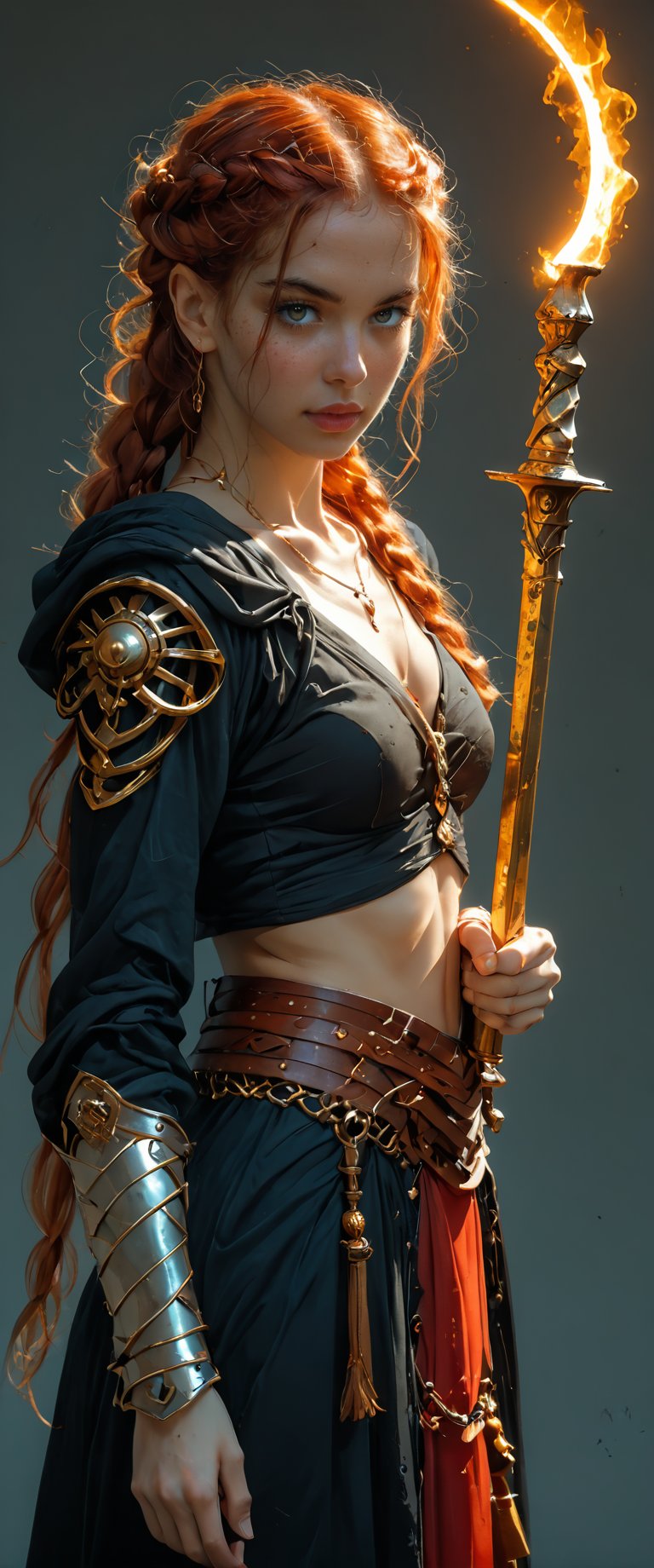 A regal elven warrior stands indoors, looking directly at the viewer with piercing grey eyes. Her long, fiery red hair cascades down her back, adorned with a delicate braid and a sparkling hair ornament. She wears a suit of armor, including shoulder pauldrons, gauntlets, and a circlet, with glowing accents on her breastplate. Her pointy ears are prominent, and she holds a sword that radiates an otherworldly glow, its blade shimmering with an ethereal light. The framing of the shot emphasizes her statuesque pose, with the sword held at her side and her gaze fixed intently on the viewer. A subtle watermark effect adds a sense of mystique to the overall image.