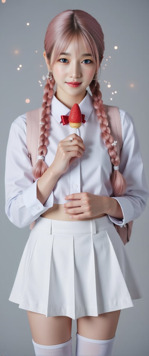 A cinematic reality film scene unfolds: a 18-year-old Korean beauty model, with oversized blue eyes and a gorgeous face, stands solo against a grey background. Her long, pink-haired braids are tied with hair bows, adorned with ahoges. She wears a white serafuku uniform with a pleated skirt, thigh-highs, and a red bow on her backpack. In one hand, she holds a popsicle, while in the other, a strawberry ice cream cone reflects off her thigh-high boots. Her detailed features, from blush to navel, are captured in stunning focus against a misty backdrop, as sparks of light dance across her face. The soft lighting and depth of field create a sense of intimacy, drawing the viewer's attention to her smiling, idolic beauty., ct-virtual_jisoo, ct-jissoo,SeoYeaJi