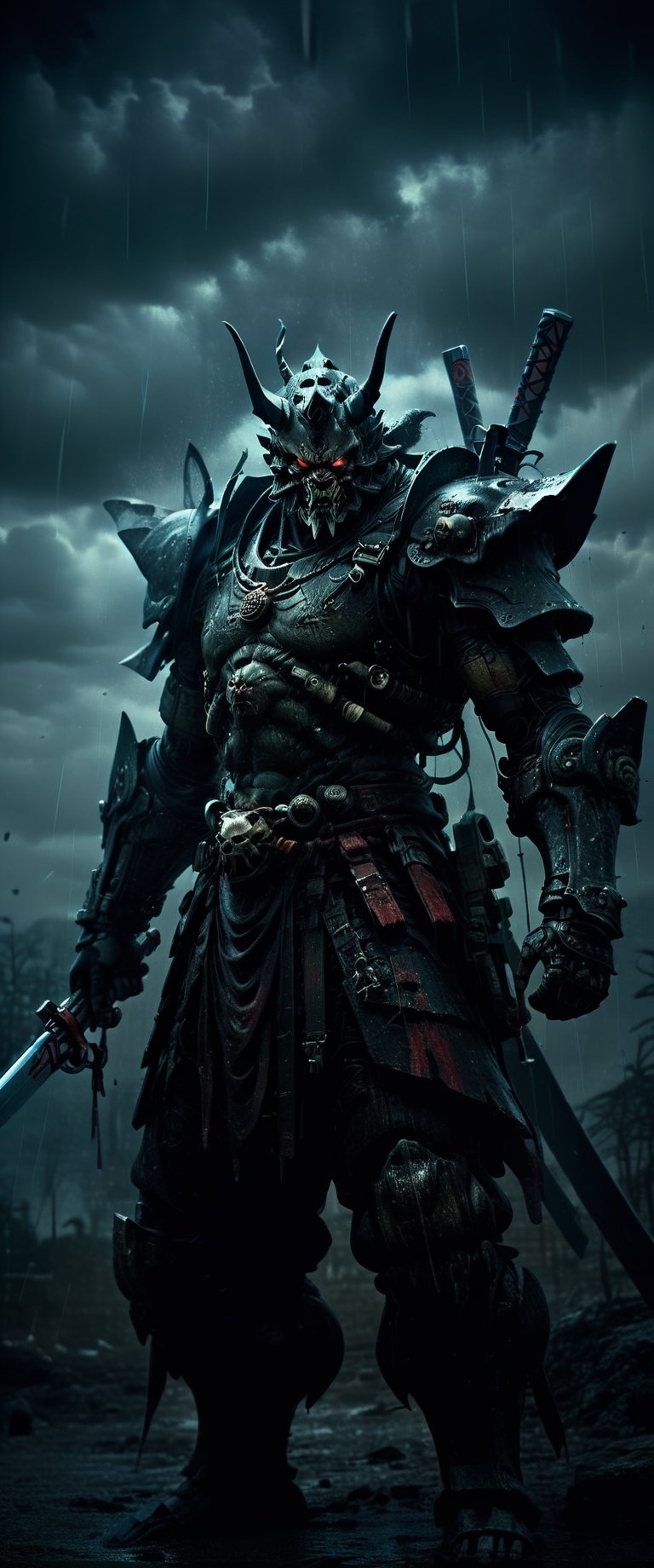 cyber Samurai with a huge sword covered in blood looks at the enemy,  stands after the battle,  oni robot mask by ctmaker...