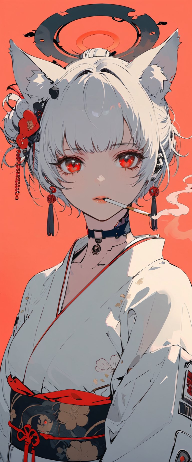 (by Carne Griffiths, Conrad Roset), 1girl,cyborg, mechanical parts, mechanical joints, solo, looking at viewer, short hair, bangs, red eyes, animal ears, jewelry, upper body, white hair, earrings, japanese clothes, horns, choker, kimono, animal ear fluff, black choker, halo, red background, smoke, cigarette, white kimono, smoking, egasumi m3,Dark Manga of,Dark Anime of