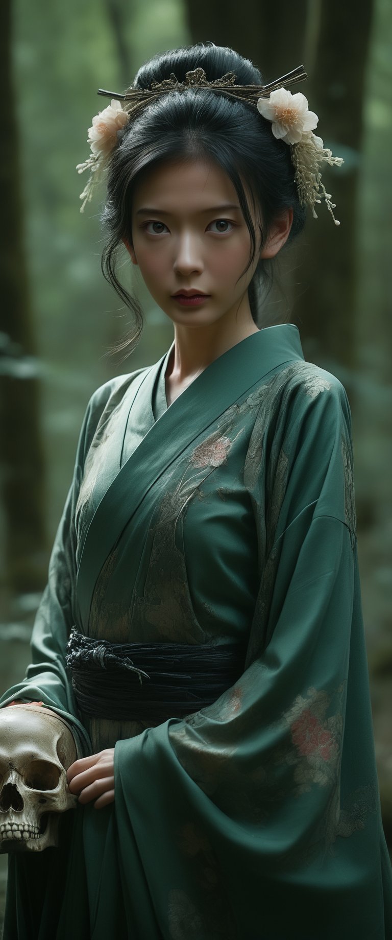 breathtaking RAW photo of female ((Imagen arafed de una mujer con un vestido verde en un bosque., retrato geisha con flequillo, jingna zhang, heise-lian yan fang, Zhang Daqian, inspirado en Li Mei Shu, palacio , una chica en hanfu, retrato de pintura mate, retrato de Sadako del Anillo, retrato de un mago del bosque, inspirado en Zhou Wenjing )), dark and moody style, perfect face, outstretched perfect hands . masterpiece, professional, award-winning, intricate details, ultra high detailed, 64k, dramatic light, volumetric light, dynamic lighting, Epic, splash art .. ), by james jean $, roby dwi antono $, ross tran $. francis bacon $, michal mraz $, adrian ghenie $, petra cortright $, gerhard richter $, takato yamamoto $, ashley wood, tense atmospheric, , , , sooyaaa,IMGFIX,Comic Book-Style,Movie Aesthetic,action shot,photo r3al,bad quality image,oil painting, cinematic moviemaker style,Japan Vibes,H effect,koh_yunjung ,koh_yunjung,kwon-nara,sooyaaa,colorful,bones,skulls,armor,han-hyoju-xl ,DonMn1ghtm4reXL, ct-fujiii
,oiran