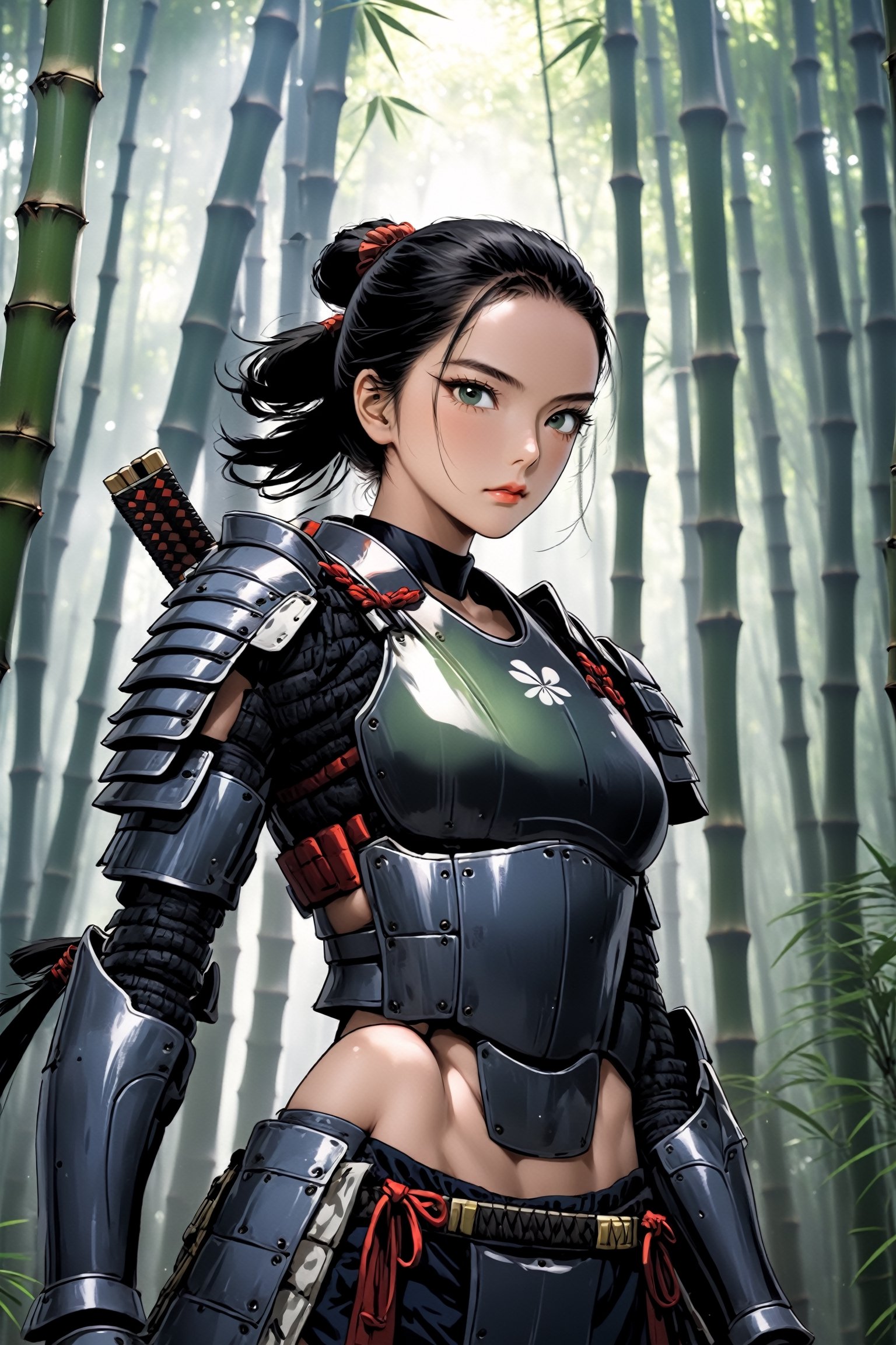 poster of a sexy woman  [samurai]  in a  [bambu forest ], midnight , eye angle view, designed by mike mingola,aw0k nsfwfactory,aw0k magnstyle,danknis,sooyaaa,Anime ,cyborg style