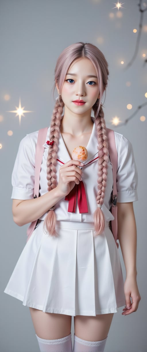 A cinematic reality film scene unfolds: a 18-year-old Korean beauty model, with oversized blue eyes and a gorgeous face, stands solo against a grey background. Her long, pink-haired braids are tied with hair bows, adorned with ahoges. She wears a white serafuku uniform with a pleated skirt, thigh-highs, and a red bow on her backpack. In one hand, she holds a popsicle, while in the other, a strawberry ice cream cone reflects off her thigh-high boots. Her detailed features, from blush to navel, are captured in stunning focus against a misty backdrop, as sparks of light dance across her face. The soft lighting and depth of field create a sense of intimacy, drawing the viewer's attention to her smiling, idolic beauty., ct-virtual_jisoo, ct-jissoo,SeoYeaJi