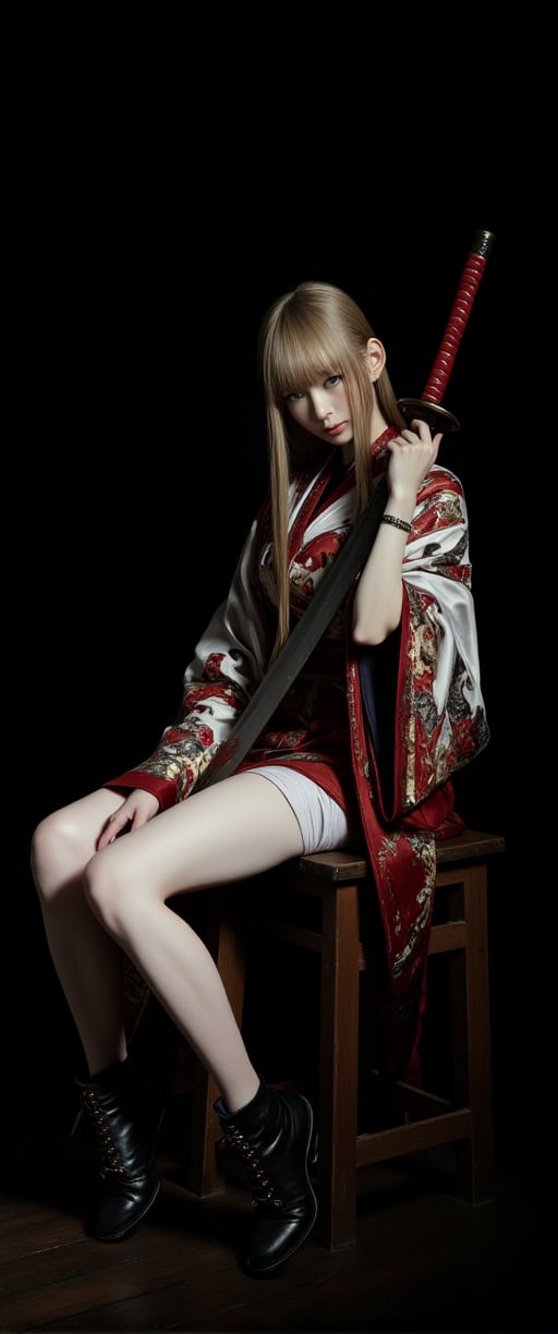 a woman dressed in a kimono-style outfit, is seated on a wooden stool. She has a sword in her right hand, her left hand resting on her hip. Her right hand is draped over her right shoulder, adding a touch of balance to the scene. The backdrop is a dark black,