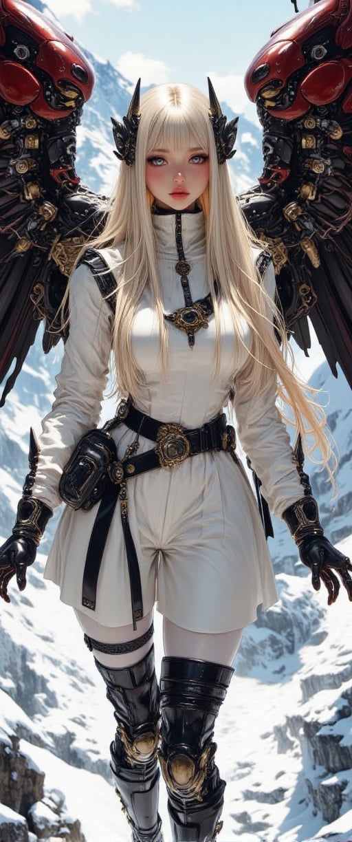 In a cinematic shot a female cybernetic  warrior is standing in a snowy landscape. She is dressed in a stark white outfit, adorned with black and gold accents. Her long blonde hair cascades over her shoulders, adding a touch of power to her outfit. Her eyes are a piercing blue, while her lips are a darker shade of brown. Her arms are outstretched, revealing black gloves on her hands. Her head is adorned with two horned horns on top of her head. The  mechanical wings behind her are a deep red, while the wings on the left are a dark red. The backdrop is a snowy mountain range, dotted with snow, mechanical joints, mechanical parts..,ct-style85,ct-katakrat,ct-anime55,ct-prettienime2