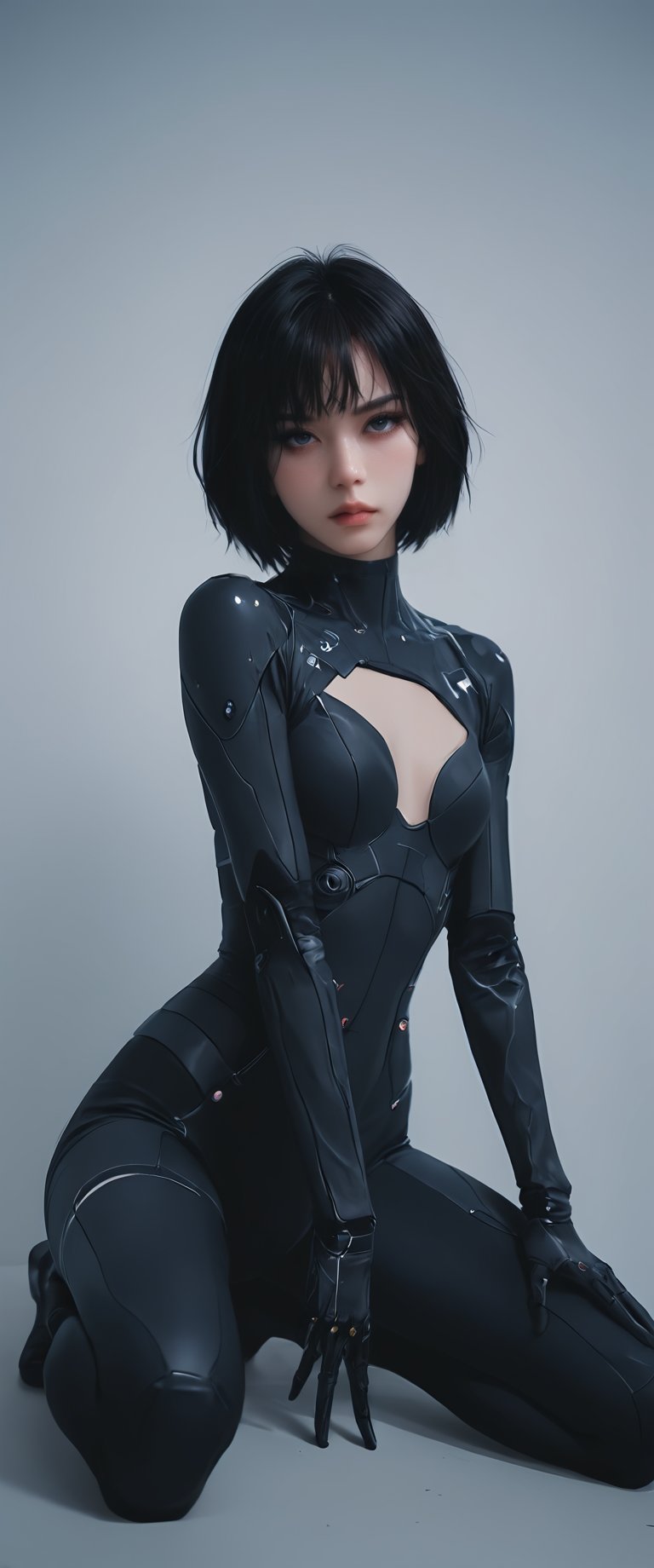 A solo female cyborg stands tall,  gazing directly at the viewer with a fierce intensity. Her short,  black hair is styled...