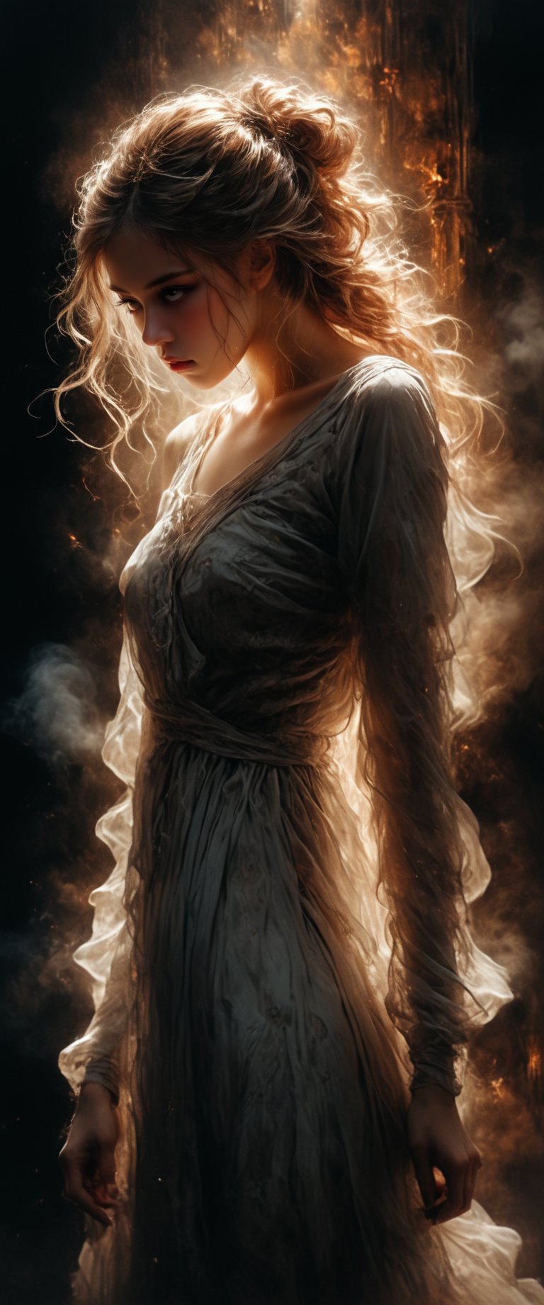 A masterpiece of a dark and moody pinup art piece. A single woman,  angelic yet fierce,  stands embracing the devil by ctm...