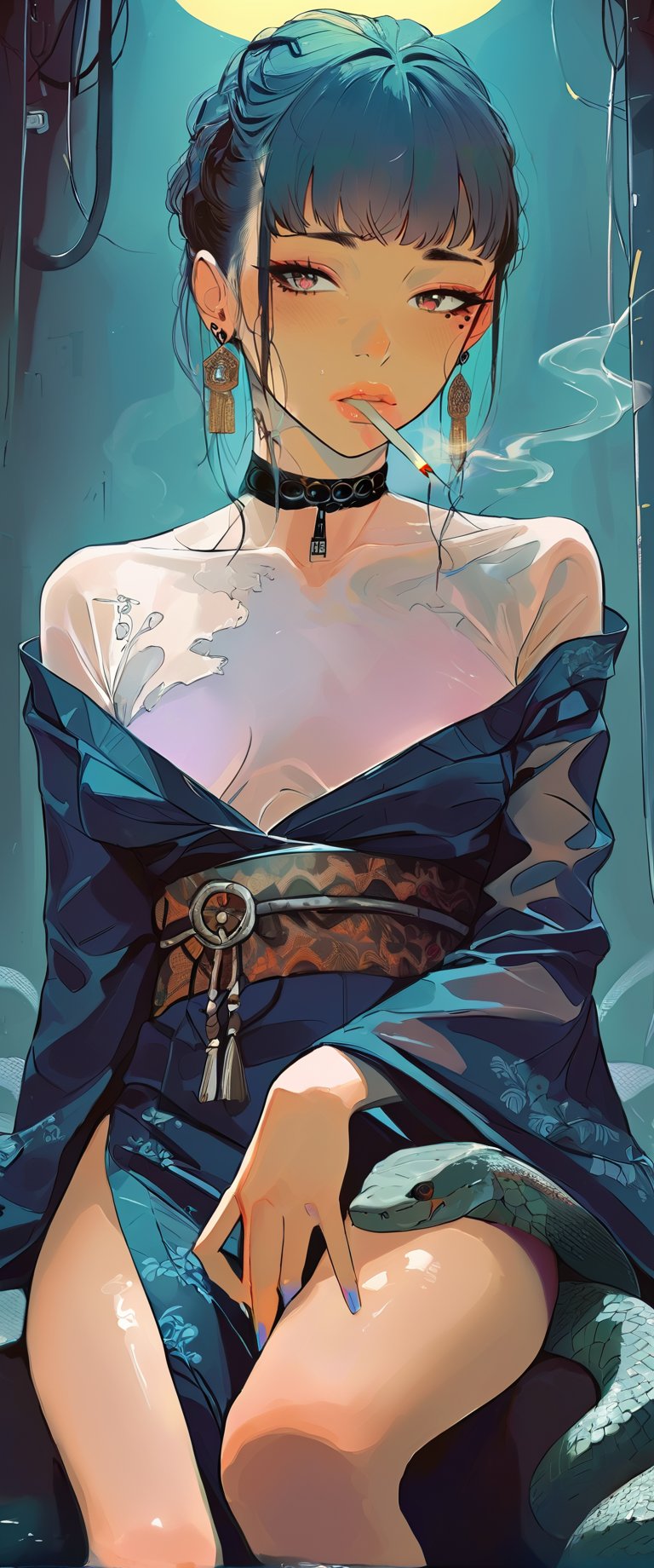 A femme fatale cyborg sits solo in a smoky cyberpunk club, petting a snake  as it gazes directly at the viewer. Her short hair and bangs frame her striking features, adorned with jewelry and a black choker. She dons a revealing seethrough kimono, paired with Japanese-style earrings. A cigarette dangles from her lips as she exudes an air of sexy sophistication, surrounded by the dark, gritty atmosphere of Conrad Roset's style. txznmec,score_9