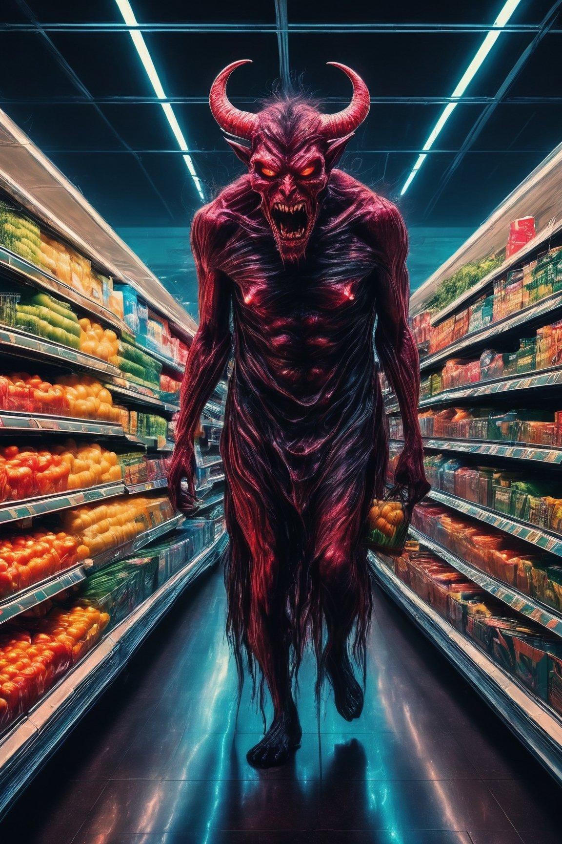  a demon doing the last shopping in the supermarket,. dark tense and unsettling atmosphere.walmart,.,, reflections, , groceries,fear,  By renowned artists such as ,, Francis Bacon, . Resolution: 4k.,,aw0k euphoric style