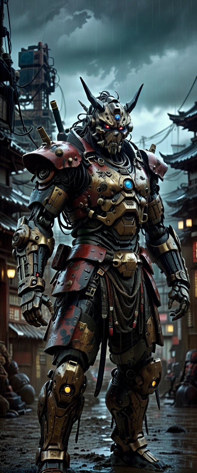 cyber Samurai looks at the enemy,  stands after the battle,  oni robot mask by ctmaker on Tensor.Art