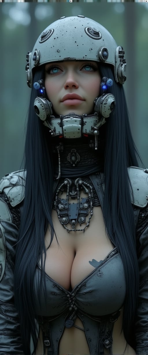 A vibrant cartoon woman stands , t. Her long black hair cascades over her shoulders, framing her face with white helmet adorned with black buttons and a blue light. Blue eyes pop against the dark locks. A black and white robot costume wraps around her, . Amidst this moody, atmospheric setting, her elegant posture exudes an enchanting contrast, drawing us in to unravel the secrets of her mysterious world.,ct-identityV2,ct-colority,ct-sensanime,ct-bustyy2,ct-chainb,ct-fititty,ct-leetity,ct-vero13