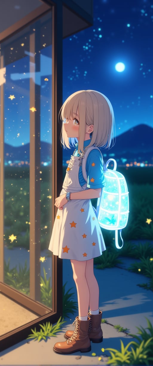 a medium-sized anime girl stands in front of a window(night). She is wearing a light-colored dress, adorned with a floral pattern, and a pair of brown boots with laces on them. Her hair is short, cascades over her shoulders, adding a touch of warmth to the scene. The girl's dress is adorned with small orange stars and a blue shirt with a white design on it, she is wearing a luminiscent and transparent cristal backpack,glowing. She stands on a concrete sidewalk, her left leg is crossed, and her right leg is slightly bent at the elbow. Her left foot is crossed at the knee, while her right foot is straight at the bottom. The backdrop is a vast expanse of grass, with a mountain in the distance. The sky is a deep blue, and the moon is setting, creating a soft glow.