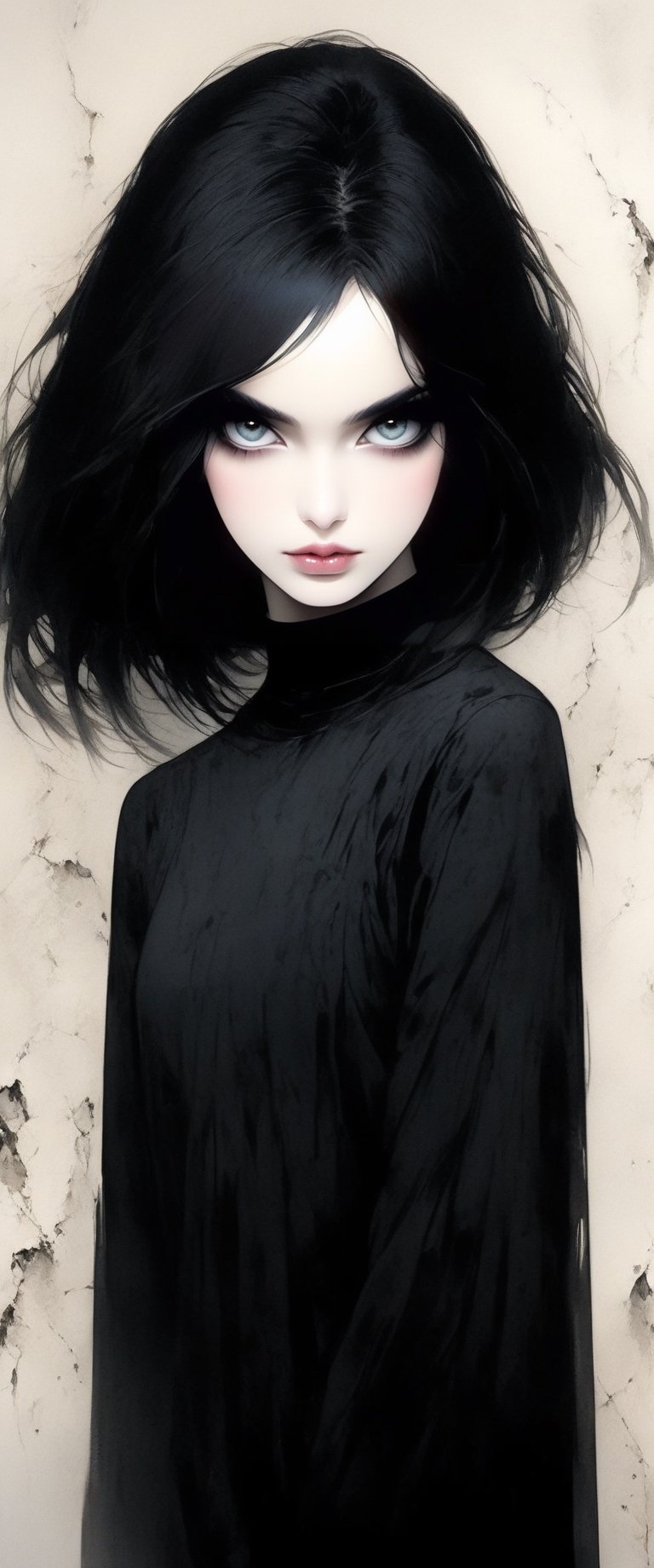 Mysterious dark watercolor creepypasta illustration,  girls looks like death in comics The Sandman line art watercolor was...