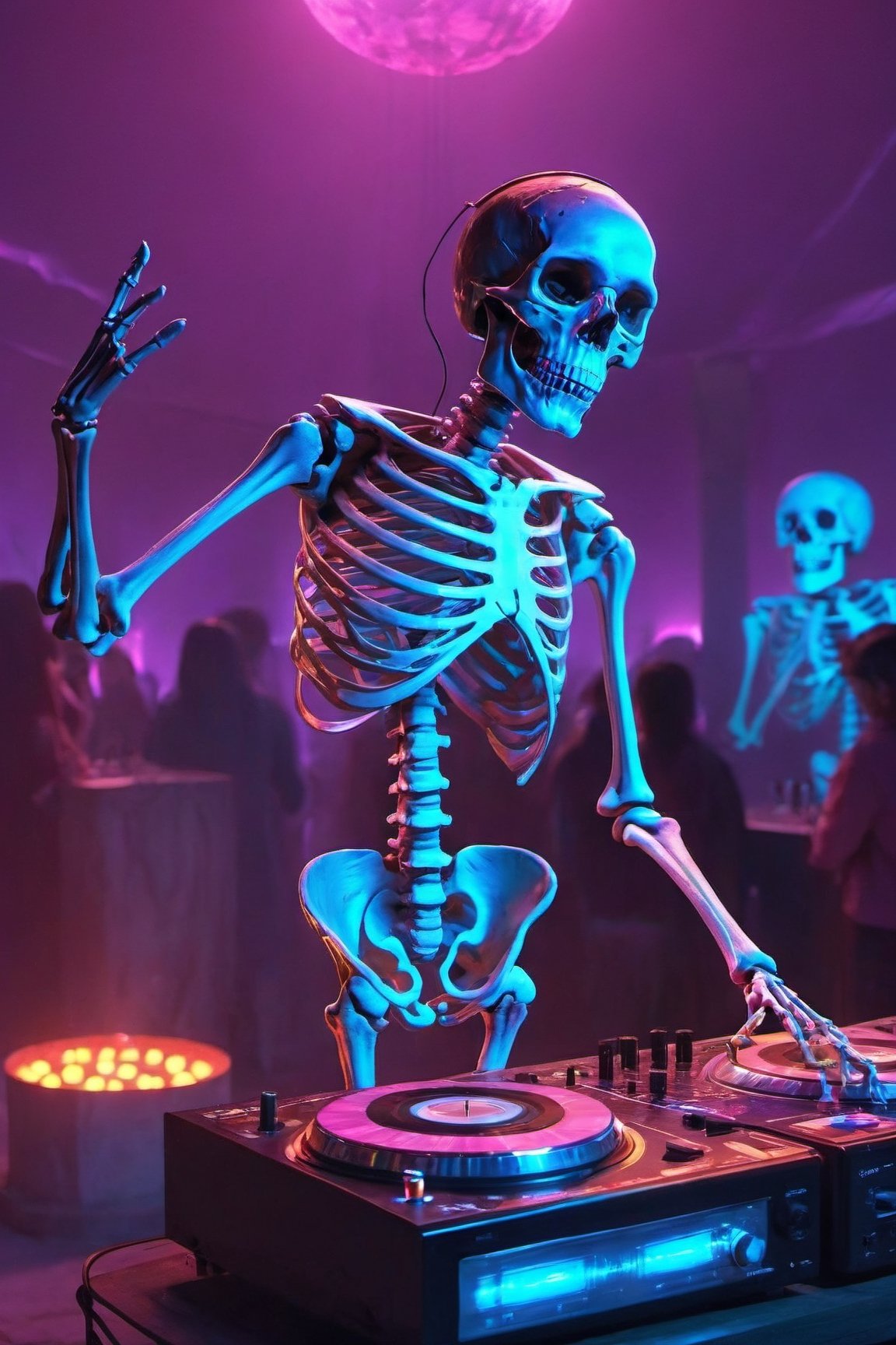 a skeleton dj dancing in a cementery party,  ,  . dark tense and unsettling atmosphere.cementery by ctmaker on Tensor.Art
