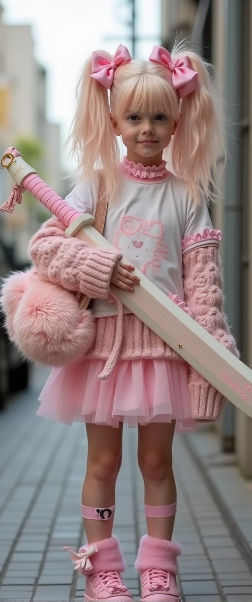 photography showcasing one women in light Fairy Kei fashion. blond hair with pink tips holding a huge sword (god eater). They are dressed in a pastel color palette with a mix of textures like soft knits, lace, fine ribbons and tulle. Accessories include oversized bows, plush bags, and playful jewelry. Their outfits feature elements like t-shirts with cute graphics, fluffy sweaters, layered skirts, and patterned overkneesocks. Each figure stands against an urban backdrop, suggesting a street fashion scene. The overall style is characterized by a bright, colorful aesthetic with a whimsical, youthful vibe, reflecting the unique Fairy Kei subculture. 64k, HDR, highly detailed, ultra sharp, photorealistic,Extremely Realistic,more detail XL., ct-virtual_jisoo, ct-jissoo, ct-visual_v4,ct-amantity,ct-blondie,ct-identityV2,emoart,futurediff, cyborg, robot,ct-skyzo_identity