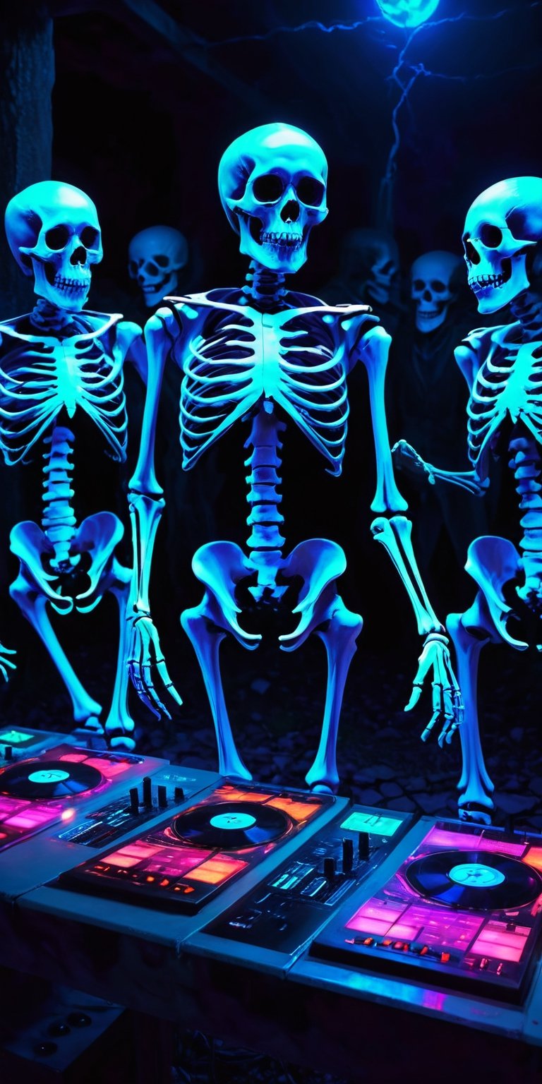 a group of skeleton dj dancing in a cementery party,  ,  . dark tense and unsettling atmosphere.cementery by ctmaker on Te...