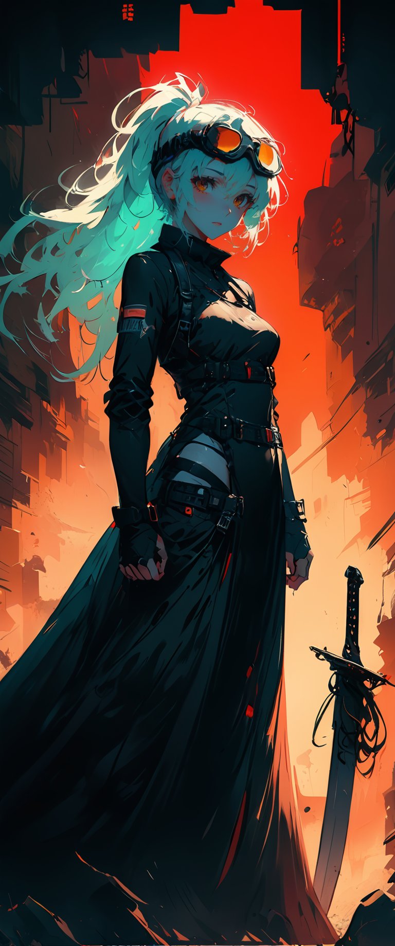 A lone warrior stands against a fiery red backdrop, her long hair flowing behind her. Her gaze pierces the viewer as she wears fingerless gloves and holds a sword in one hand, its sheath strapped to her belt. A katana rests in a holster at her side. Red eyes glow beneath an eyepatch, framing her scarred face. A ponytail is tied at the back of her head, while goggles sit atop it, giving her a cyberpunk edge. A gun is holstered at her hip, ready to be drawn. The overall atmosphere is one of fierce determination, with the red background amplifying the intensity of this mysterious warrior's gaze.,anime black line