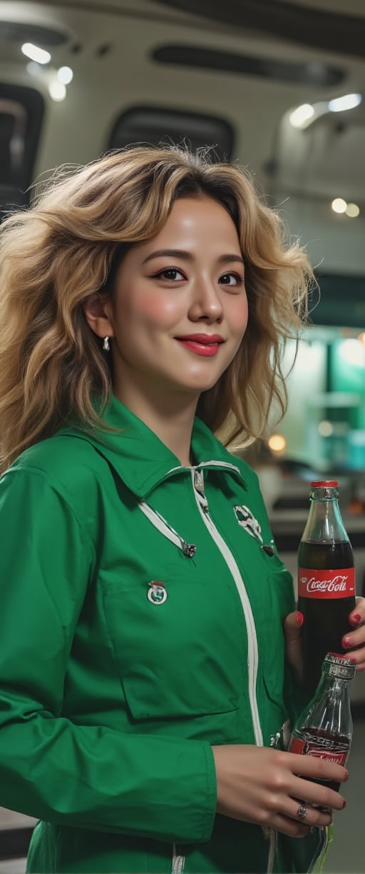 masterpiece, Movie Still, Film Still, Cinematic, Cinematic Shot, (RAW photo, 8k uhd, Analog style, Masterpiece, Best Quality, Highres:1.4), (dramatic, cinematic:1.2), BREAK, movie shot of (brutal:1.1)  woman with blond curly hair, sporting a green spacesuit, warmly smiles as she holds a bottle of Coca-Cola in her hand. She is depicted against the backdrop of a spaceship interior, enhancing the overall sci-fi feel of the illustration. , ,,ct-virtual,ct-virtual_v2,ct-visual