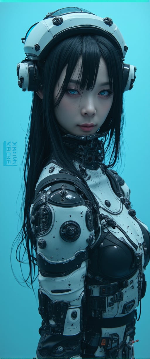 A vibrant cartoon woman stands in front of a pale blue backdrop, where 'CTMAKER' boldly appears on the left. Her long black hair cascades over her shoulders, framing her face with white helmet adorned with black buttons and a blue light. Blue eyes pop against the dark locks. A black and white robot costume wraps around her, matching the bold colors of the backdrop. Amidst this moody, atmospheric setting, her elegant posture exudes an enchanting contrast, drawing us in to unravel the secrets of her mysterious world.,ct-identityV2,ct-colority,ct-sensanime,ct-bustyy2,ct-chainb,ct-fititty,ct-leetity