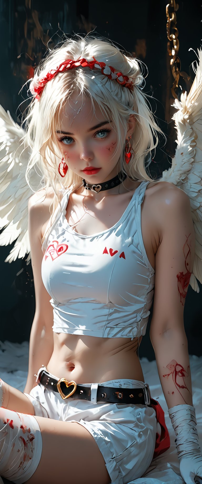 1girl, solo, looking at viewer, bangs, shirt, hair ornament, thighhighs, gloves, jewelry, sitting, white hair, heart, earrings, wings, shorts, sleeveless, choker, elbow gloves, midriff, belt, white gloves, collar, lips, crop top, grey eyes, blood, tattoo, chain, bandages, piercing, bandaid, feathered wings, angel wings, injury, white shorts, bandaged arm, realistic, white wings, bandaid on face, red lips, cuts, heart tattoo, bandaid on arm