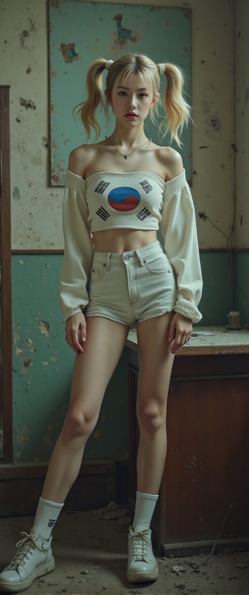 This image is a highly detailed, realistic digital painting of a woman standing in a gritty, rundown room. She is a young woman with a pale, athletic build and light skin, wearing a punk-inspired outfit. She has platinum blonde hair styled in two high pigtails. Her outfit includes a white crop top with the korea  flag emblazoned on the chest, which is torn and revealing her midriff.,ct-amantity,ct-chasartre,ct-portuguitity,ct-bustyy2,ct-blodolx,ct-chainb,ct-euntity,ct-yoon