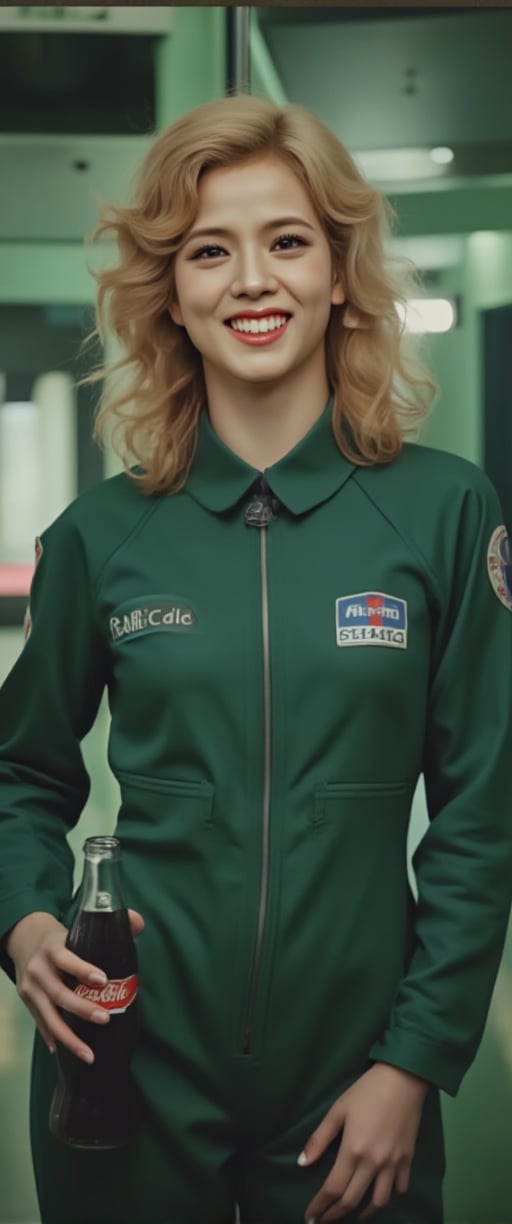 masterpiece, Movie Still, Film Still, Cinematic, Cinematic Shot, (RAW photo, 8k uhd, Analog style, Masterpiece, Best Quality, Highres:1.4), (dramatic, cinematic:1.2), BREAK, movie shot of (brutal:1.1)  woman with blond curly hair, sporting a green spacesuit, warmly smiles as she holds a bottle of Coca-Cola in her hand. She is depicted against the backdrop of a spaceship interior, enhancing the overall sci-fi feel of the illustration. , ,,ct-virtual,ct-virtual_v2,ct-visual