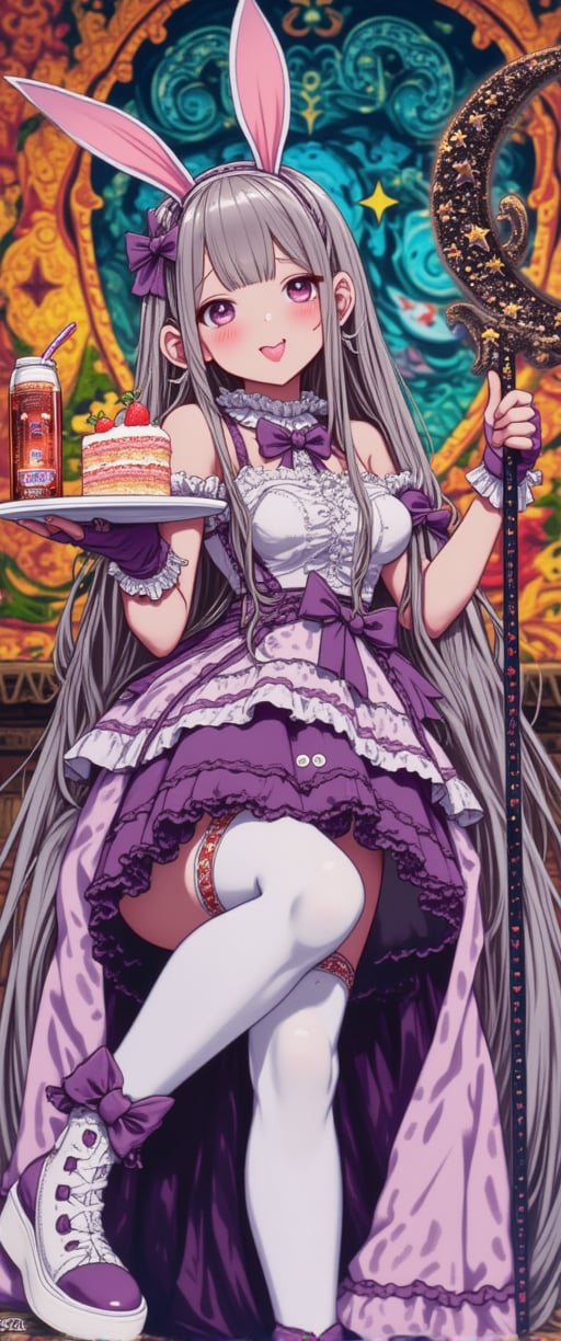 An eccentric fantasy girl stands confidently in front of a colorful backdrop in a short-sleeved ruffled dress and thigh-high white stockings. Her long grey hair flows down her back and is tied with a purple ribbon, on top of which she has bunny ears. She stares straight at the viewer with a blush on her cheeks and playfully sticks out her tongue while holding a plate with a slice of strawberry cake and a bottle of sparkling drink. A crescent-shaped walking stick adorned with stars and star symbols leans against her leg. Her outfit is completed with purple bow-tie-like gloves that match her footwear. The overall atmosphere is vibrant, excited and playful. VNS_Add more details,Color,1girl
