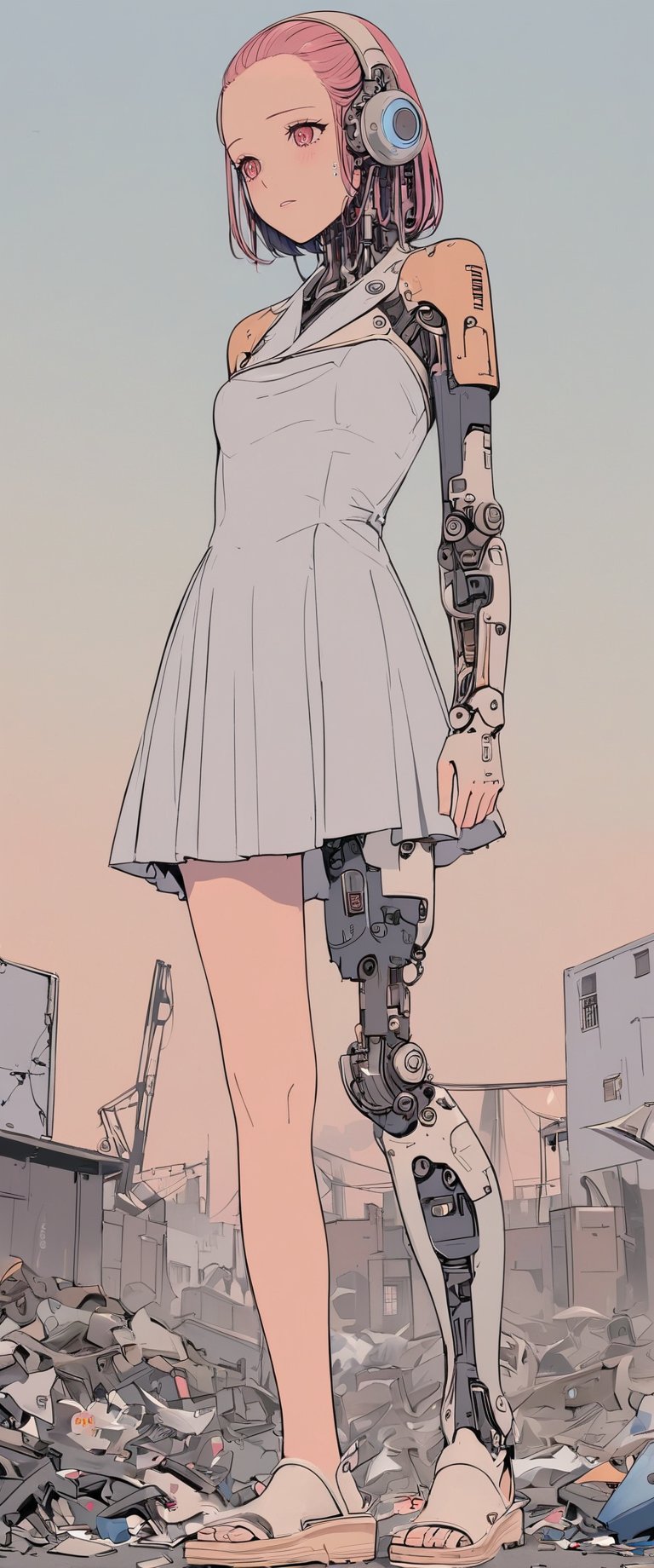 1 girl, cyborg, android, knelling, desesperate, sad, garbage, scrapy yard, parts,mechanical joints,ani_booster