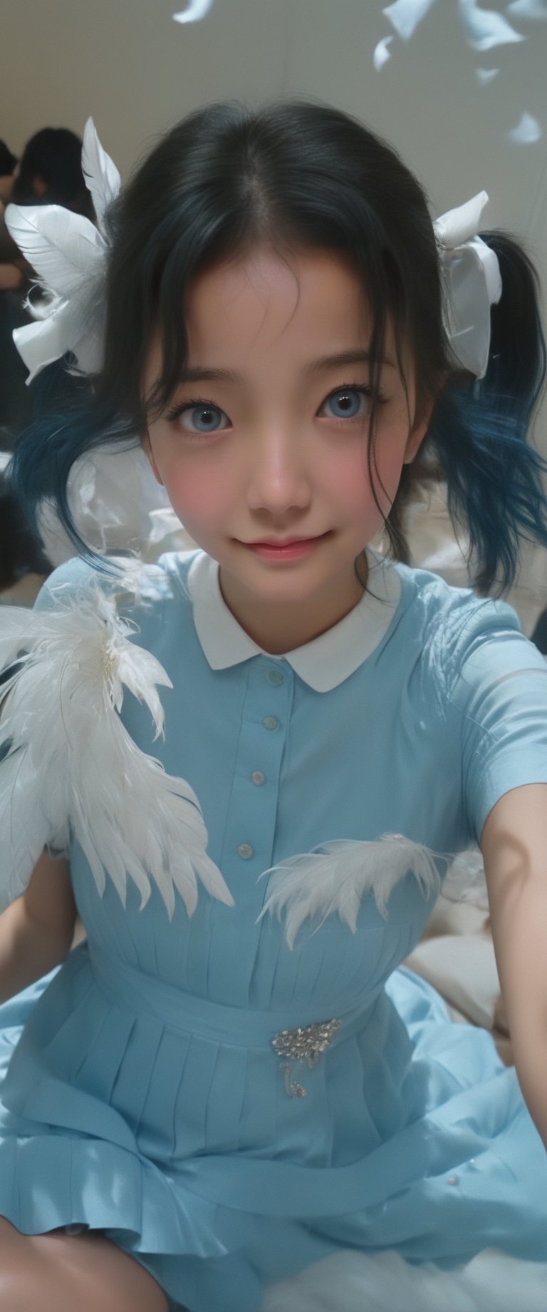 Masterpiece, beautiful details, perfect focus, uniform 8K wallpaper, high resolution, exquisite texture in every detail, ((Fisheye lens: 1.4)), one girl, solo, long hair, looking at viewer, blushing, smiling, open mouth, bangs, blue eyes, shirt, dress, holding, pigtails, sitting, blue hair, short sleeves, wings, indoors, white dress, halo, feathered wings, angel wings, white wings, smartphone, angel, holding smartphone
