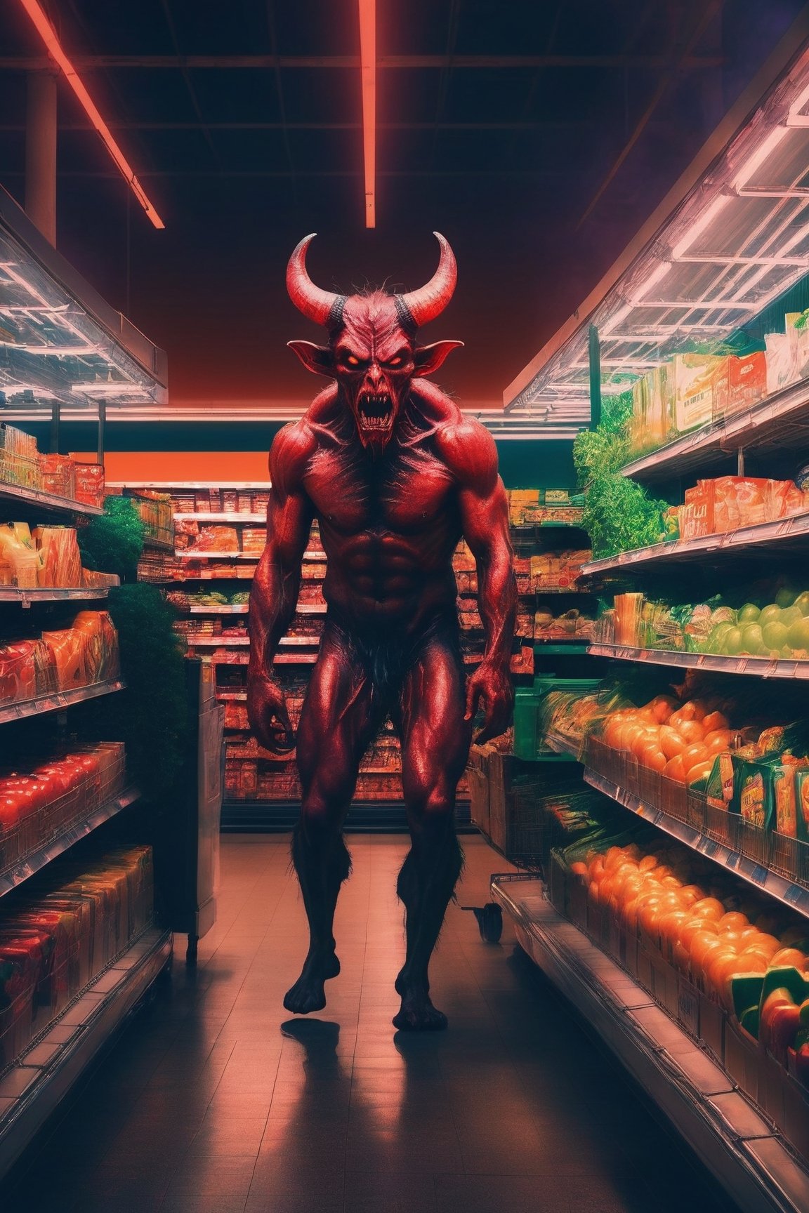  a demon doing the last shopping in the supermarket,. dark tense and unsettling atmosphere.walmart,.,, reflections, , groceries,fear,  By renowned artists such as ,, Francis Bacon, . Resolution: 4k.,,aw0k euphoric style