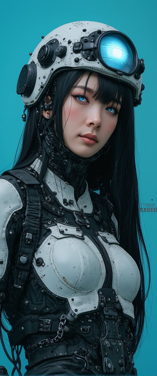 A vibrant cartoon woman stands in front of a pale blue backdrop, where 'CTMAKER' boldly appears on the left. Her long black hair cascades over her shoulders, framing her face with white helmet adorned with black buttons and a blue light. Blue eyes pop against the dark locks. A black and white robot costume wraps around her, matching the bold colors of the backdrop. Amidst this moody, atmospheric setting, her elegant posture exudes an enchanting contrast, drawing us in to unravel the secrets of her mysterious world.,ct-identityV2,ct-colority,ct-sensanime,ct-bustyy2,ct-chainb,ct-fititty,ct-leetity