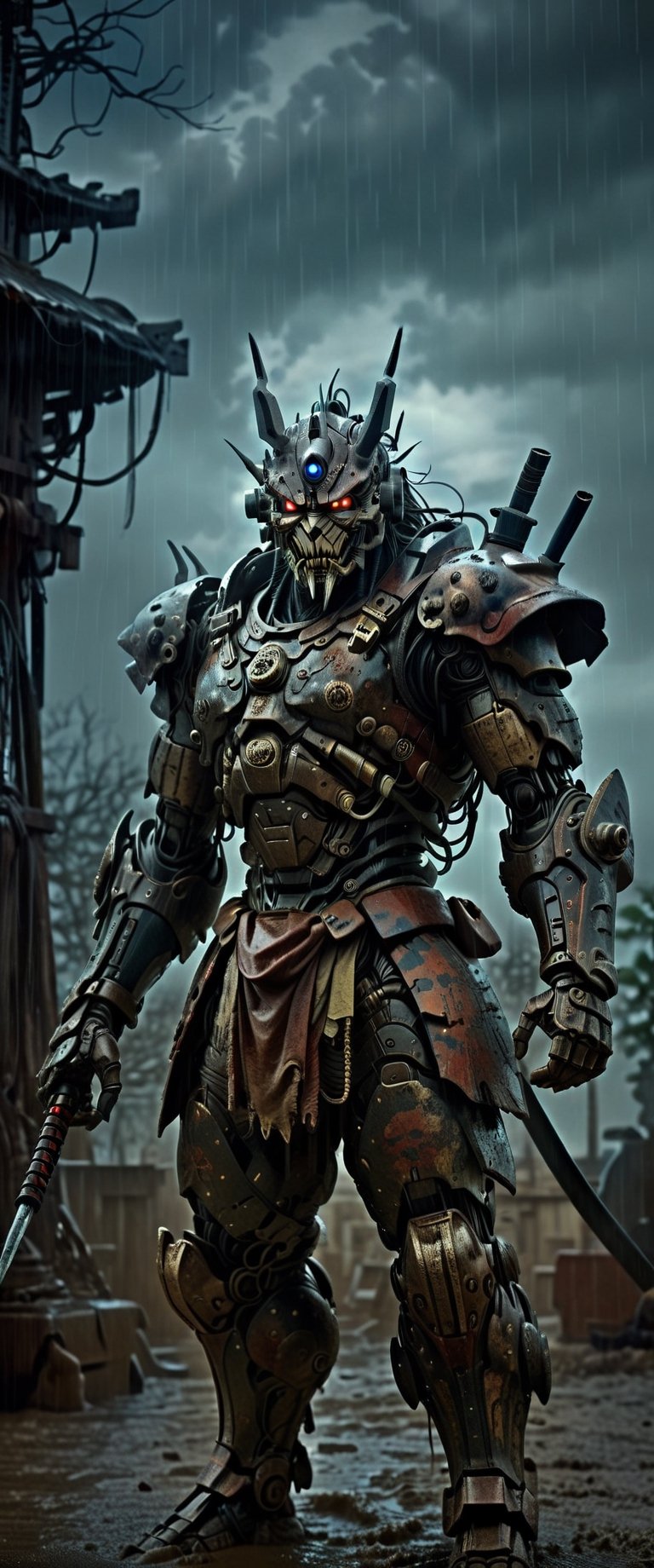 cyber Samurai looks at the enemy,  stands after the battle,  oni robot mask by ctmaker on Tensor.Art