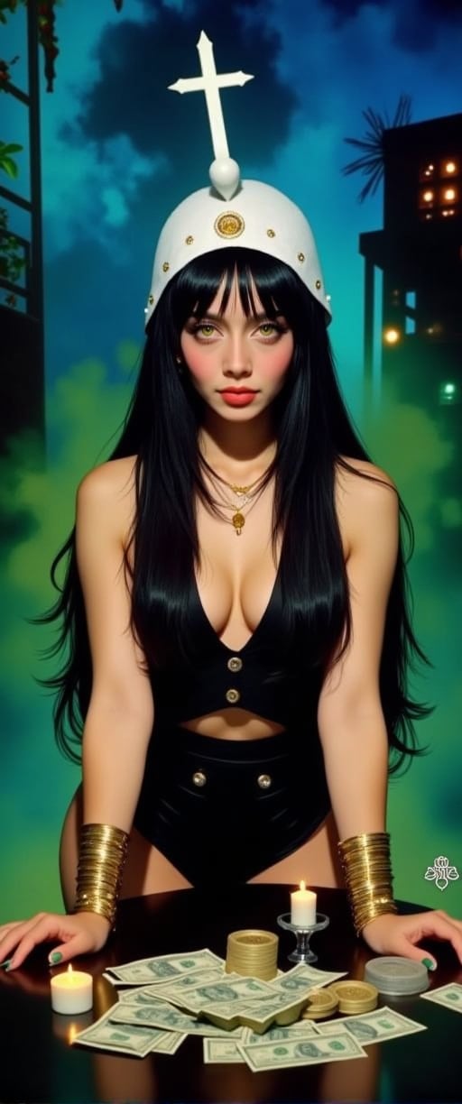 a vibrant depiction of a woman with long black hair,  a white headdress adorned with a white cross,  and a white crown. Sh...