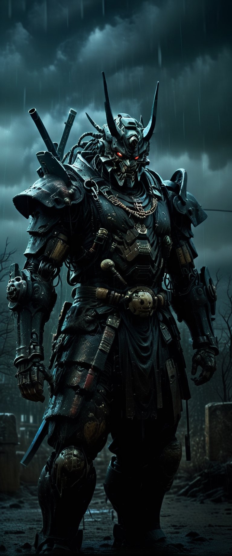 cyber Samurai looks at the enemy,  stands after the battle,  oni robot mask by ctmaker on Tensor.Art