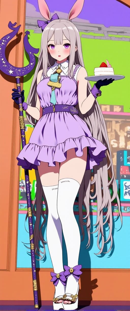 An eccentric fantasy girl stands confidently in front of a colorful backdrop in a short-sleeved ruffled dress and thigh-high white stockings. Her long grey hair flows down her back and is tied with a purple ribbon, on top of which she has bunny ears. She stares straight at the viewer with a blush on her cheeks and playfully sticks out her tongue while holding a plate with a slice of strawberry cake and a bottle of sparkling drink. A crescent-shaped walking stick adorned with stars and star symbols leans against her leg. Her outfit is completed with purple bow-tie-like gloves that match her footwear. The overall atmosphere is vibrant, excited and playful. VNS_Add more details,Color,1girl
,ct-kbright