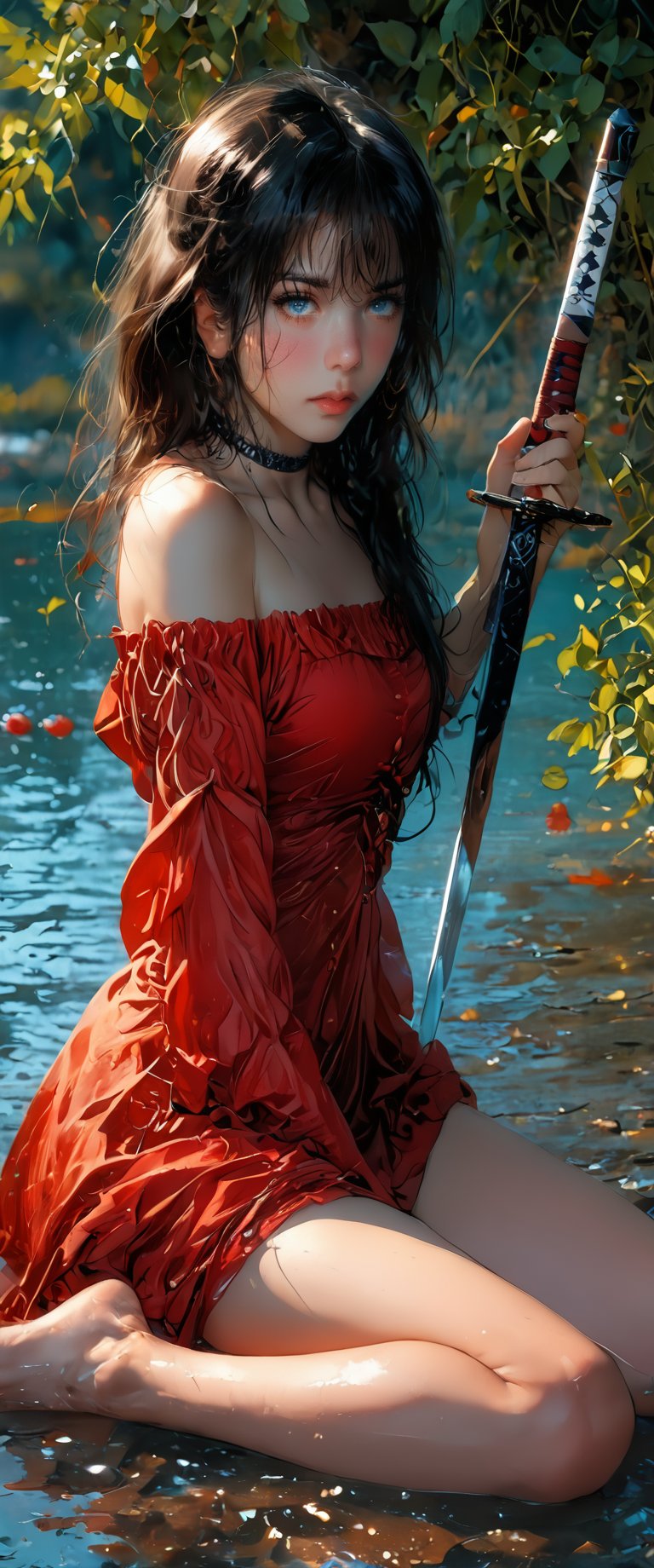 1girl, solo, long hair, breasts, looking at viewer, bangs, blue eyes, black hair, long sleeves, dress, holding, jewelry, medium breasts, sitting, weapon, earrings, barefoot, choker, sword, medium hair, water, holding weapon, lips, black choker, holding sword, red dress, hyur,ArgazXL