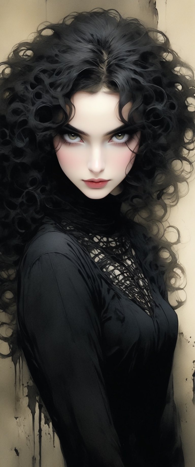 Mysterious dark watercolor creepypasta illustration,  girls looks like death in comics The Sandman line art watercolor was...
