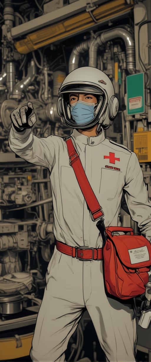 An animated image of a man in a white uniform with a red belt around his waist. He is wearing a silver helmet with a black face mask on his face. His left hand is pointing to the right. He has a red bag with a white cross on it. The bag has a white tag on it with black lettering. The background is mechanical engeniering.,ct-identityV2,ct-anime55