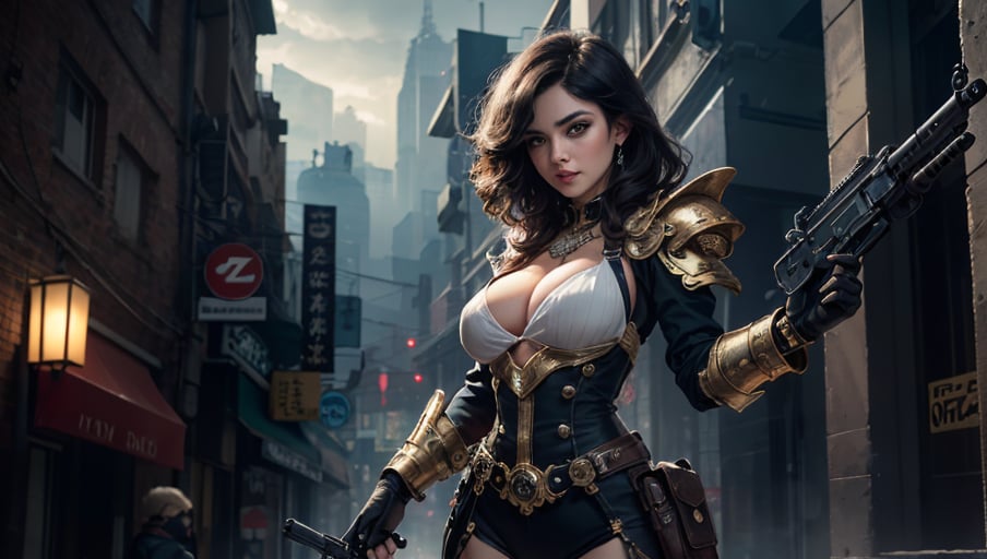 ((best quality)), ((masterpiece)), ((realistic)), (detailed),very complex hyper-maximalist overdetailed cinematic tribal Steampunk beautiful woman with blue windblown hair and techno armor holding a uzi-9mm machine gun in her right hand, ((Huge EE-cup breasts)), pale skin and dark eyes, flirting smiling confident seductive, gothic, windblown hair, vibrant high contrast, steampunk cityscape behind her, Omnious intricate, octane, moebius, dramatic lighting, orthodox symbolism Diesel punk, mist, ambient occlusion, dynamic pose, volumetric lighting, emotional, tattoos, shot in Tokyo, hyper detailed, 8k, Nikon Z9,mecha,jump