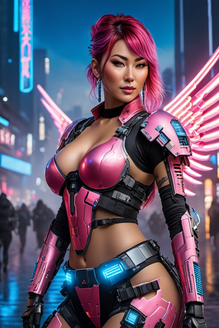 ((best quality)), ((masterpiece)), ((realistic)), (detailed), a gorgeous Cyberpunk Asian Milf stripper woman ((huge EE-cup breasts)) with black  and red windblown hair and techno armor((wearing a jetpack flying through the air holding Lazertag Gun raised in her right hand,  shooting)), 150 ft up in the air , pale skin and dark eyes, flirting smiling confident seductive, Steampunk flair, vibrant high contrast, pink and blue lit cyberpunk cityscape behind her, Omnious intricate, octane, moebius, dramatic lighting, orthodox symbolism Cyber punk, mist, ambient occlusion, volumetric lighting, emotional, tattoos, shot in Tokyo, hyper detailed, zoomed out, full body, 16k, nipples, Nikon Z9,weapon,cyberpunk style, jump, Movie Still,Movie Still