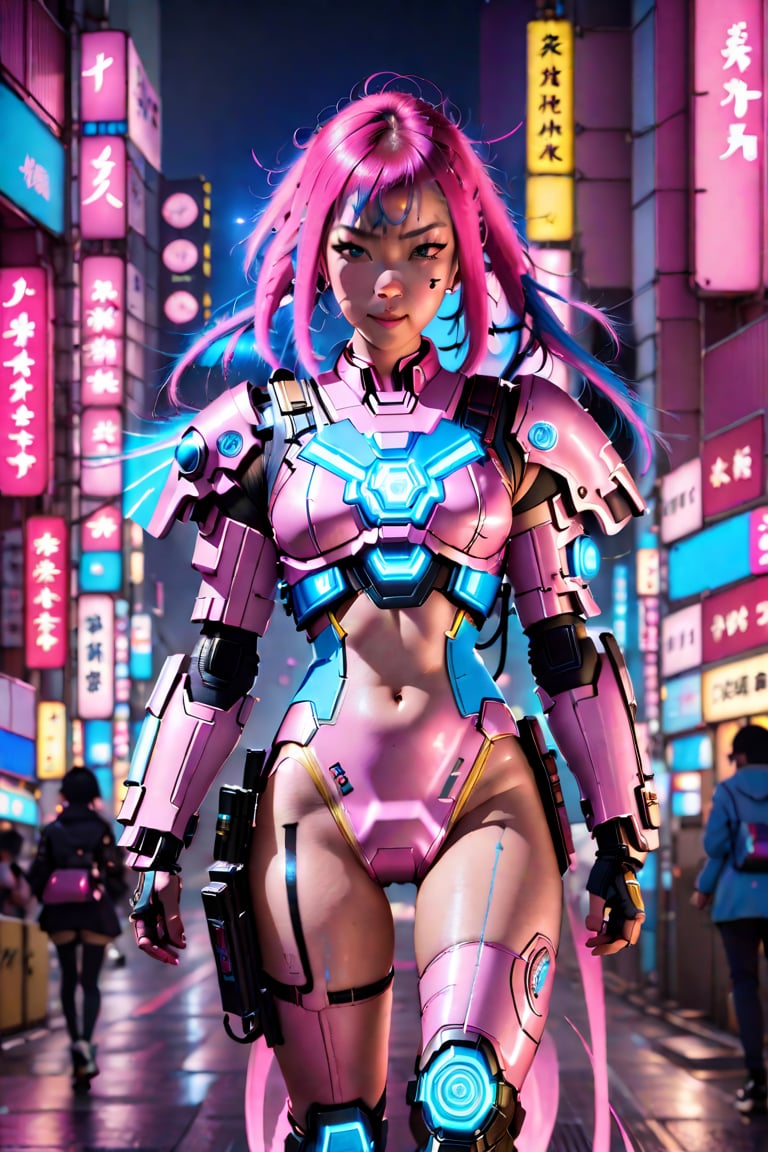 ((best quality)), ((masterpiece)), ((realistic)), (detailed), a gorgeous Cyberpunk woman ((huge EE-cup breasts)) with black windblown hair and techno armor((wearing a jetpack flying through the air holding Lazertag Gun raised in her right hand,  shooting)), 150 ft up in the air , pale skin and dark eyes, flirting smiling confident seductive, Steampunk flair, vibrant high contrast, pink and blue lit cyberpunk cityscape behind her, Omnious intricate, octane, moebius, dramatic lighting, orthodox symbolism Cyber punk, mist, ambient occlusion, volumetric lighting, emotional, tattoos, shot in Tokyo, hyper detailed, zoomed out, full body, 8k, Nikon Z9,weapon,cyberpunk style