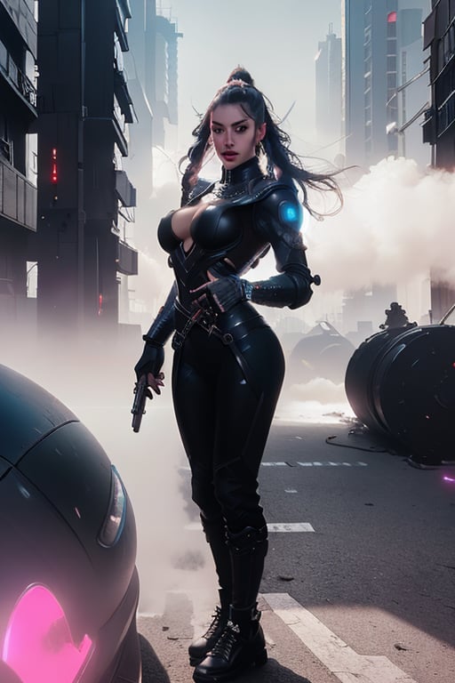 ((best quality)), ((masterpiece)), ((realistic)), (detailed), a gorgeous Cyberpunk woman ((huge EE-cup breasts)) with black windblown hair and techno armor((wearing a jetpack flying through the air holding Lazertag Gun raised in her right hand,  shooting)), 150 ft up in the air , pale skin and dark eyes, flirting smiling confident seductive, Steampunk flair, vibrant high contrast, pink and blue lit cyberpunk cityscape behind her, Omnious intricate, octane, moebius, dramatic lighting, orthodox symbolism Cyber punk, mist, ambient occlusion, volumetric lighting, emotional, tattoos, shot in Tokyo, hyper detailed, zoomed out, full body, 8k, Nikon Z9,weapon,drow