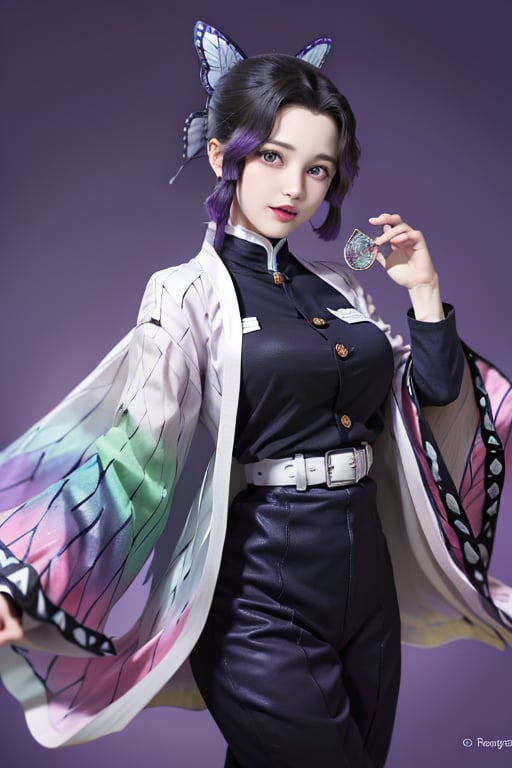 masterpiece, absurdres ,kimetsu no yaiba style, 1girl, solo, kochou shinobu, butterfly hair ornament, purple eyes, multicolored hair, short hair, parted bangs, haori, wide sleeves, long sleeves, black pants, black jacket, belt, floating hair, purple moon, looking at viewer, smile, large ass, large boobs,