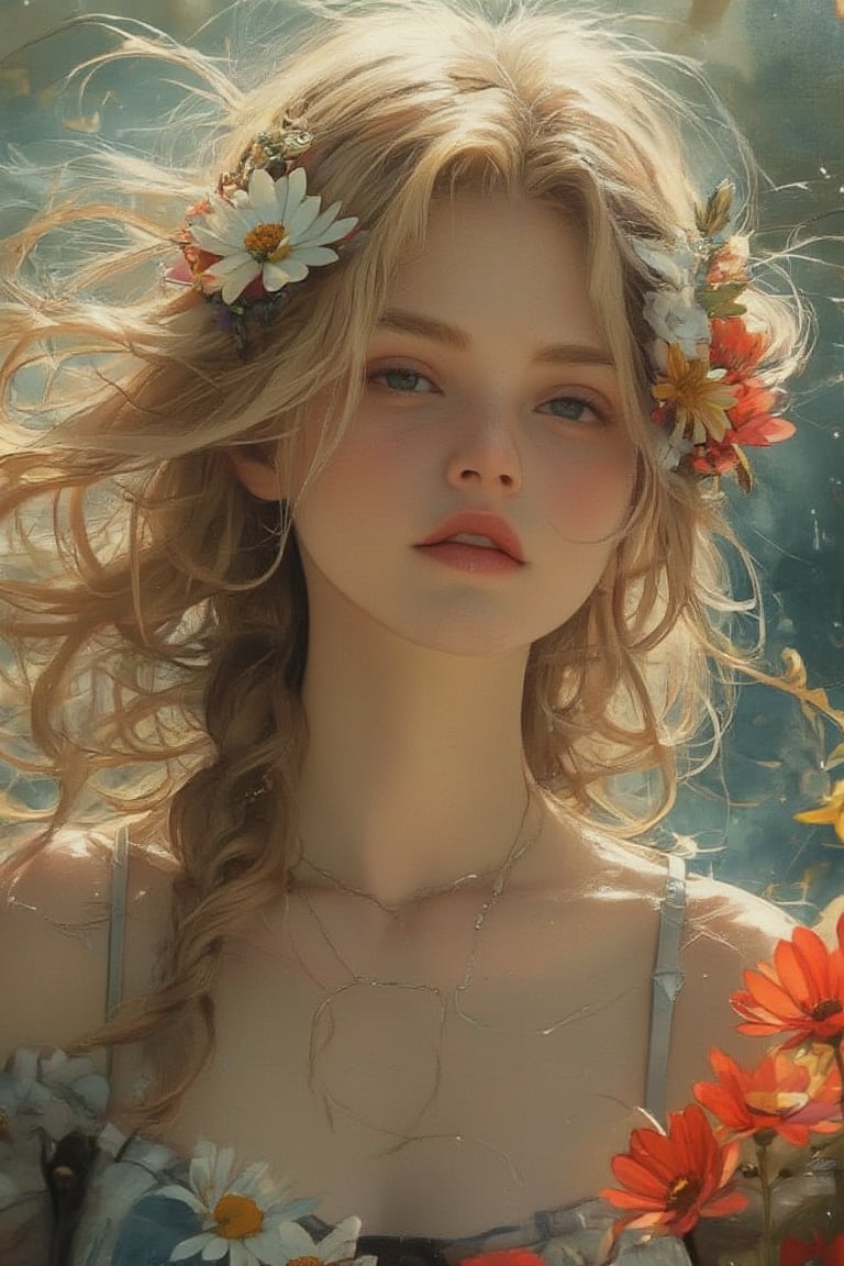 Masterpiece, professional, award-winning, intricate details, ultra high detailed, 64k, dramatic light, volumetric light, Young woman with flowing hair, adorned with floral hair accessory, surrounded by daisies and red flowers. Dreamy and ethereal atmosphere with soft pastel tones. Tranquil and peaceful mood captured in the digital artwork. vivid, vibrant, unreal engine,Midjourney_Whisper,oilpaint1,watercolor painting