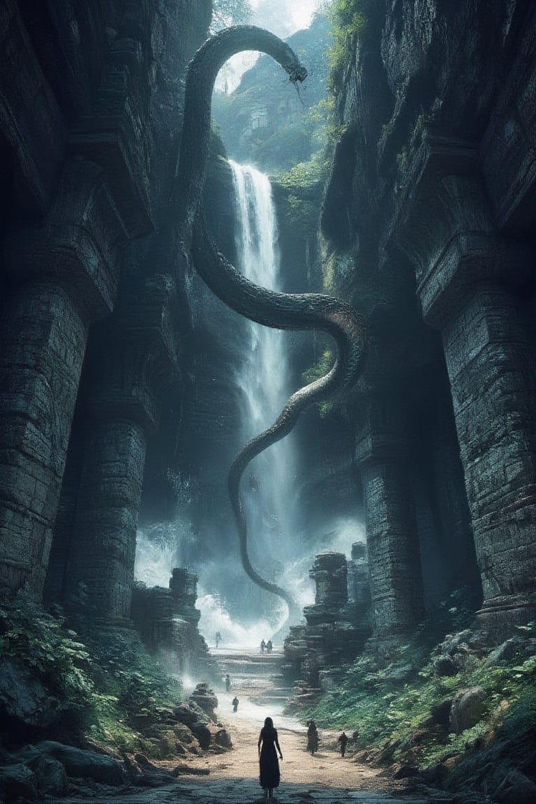 Masterpiece, professional, award-winning, intricate details, ultra high detailed, 64k, dramatic light, volumetric light, Enigmatic, moonlit ruins with ancient realistic snake and ethereal wisps, photorealistic, mystical, ancient civilization, mythical guardians, mysterious atmosphere, (enigmatic beauty:1.3), overgrown vines, lost history, whispered echoes, hidden knowledge, time-worn stones, mystical remnants, 8k,ek_art_b00ster,anime,illustrated,