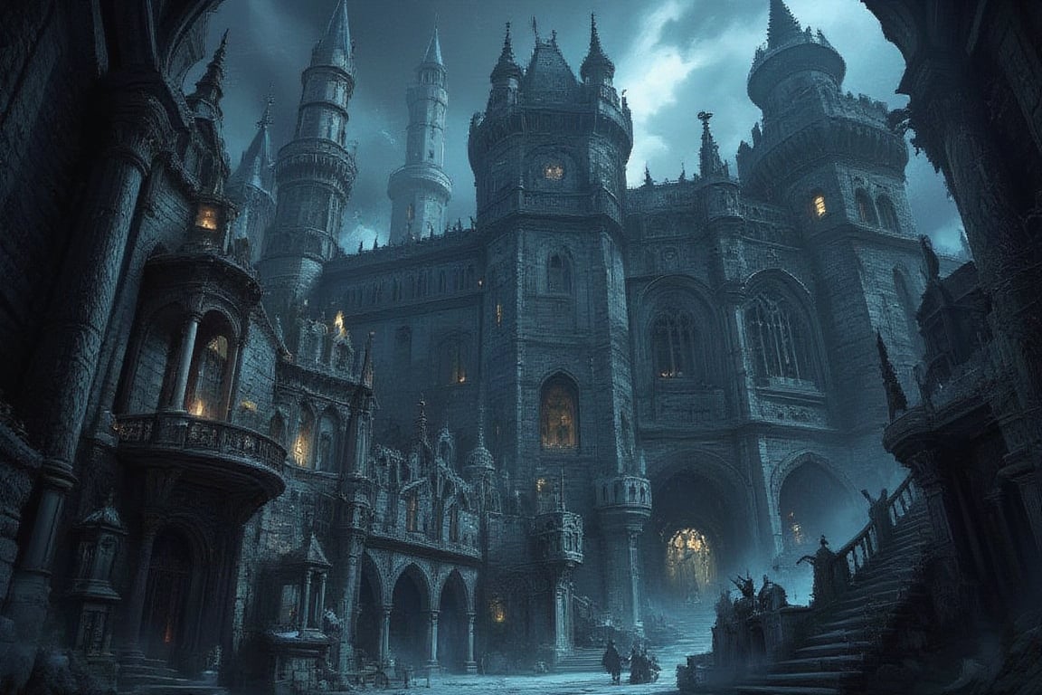 Masterpiece, professional, award-winning, intricate details, ultra high detailed, 64k, dramatic light, volumetric light, Spellbinding, haunted castle with ghostly apparitions and mystical artifacts, supernatural beings, high-quality, mystical, ethereal, haunted ambiance, enigmatic beauty, mythical presence, eerie tranquility:1.3, candlelit corridors, secret chambers, lingering whispers, haunted legends, mystical energy, captivating allure, 8k,ek_art_b00ster,anime,illustrated,