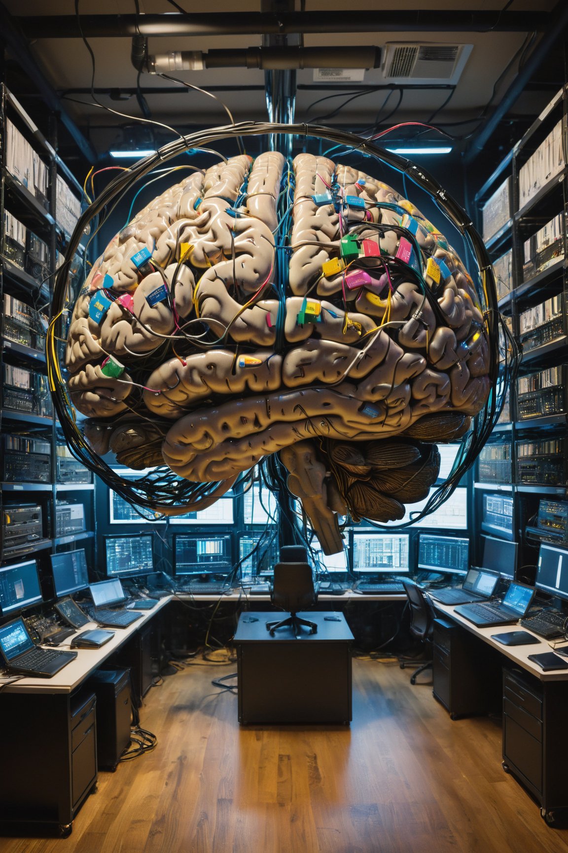 (masterpiece, best quality:1.4), In the center of the room, a colossal human brain is intricately connected to advanced computers housed in the surrounding racks by millions of wires. This extraordinary Brain possesses two eyes that fixate upon us with astonishing precision, captured in a painting with unparalleled detail and resolution at K, there are two scientists who are examining the Brain,more detail XL