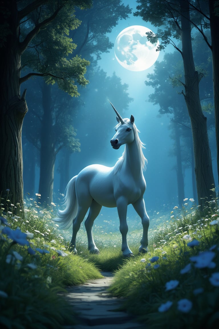 Masterpiece, professional, award-winning, intricate details, ultra high detailed, 64k, dramatic light, volumetric light, Enchanting, moonlit glade with a gentle unicorn and shimmering will-o'-the-wisps, realistic, magical, mystical creatures, idyllic, serene, ethereal, (mythical presence:1.4), wildflowers, moonbeams, ancient trees, soft glow, harmonious realm, tranquil beauty,ek_art_b00ster,anime,illustrated,
