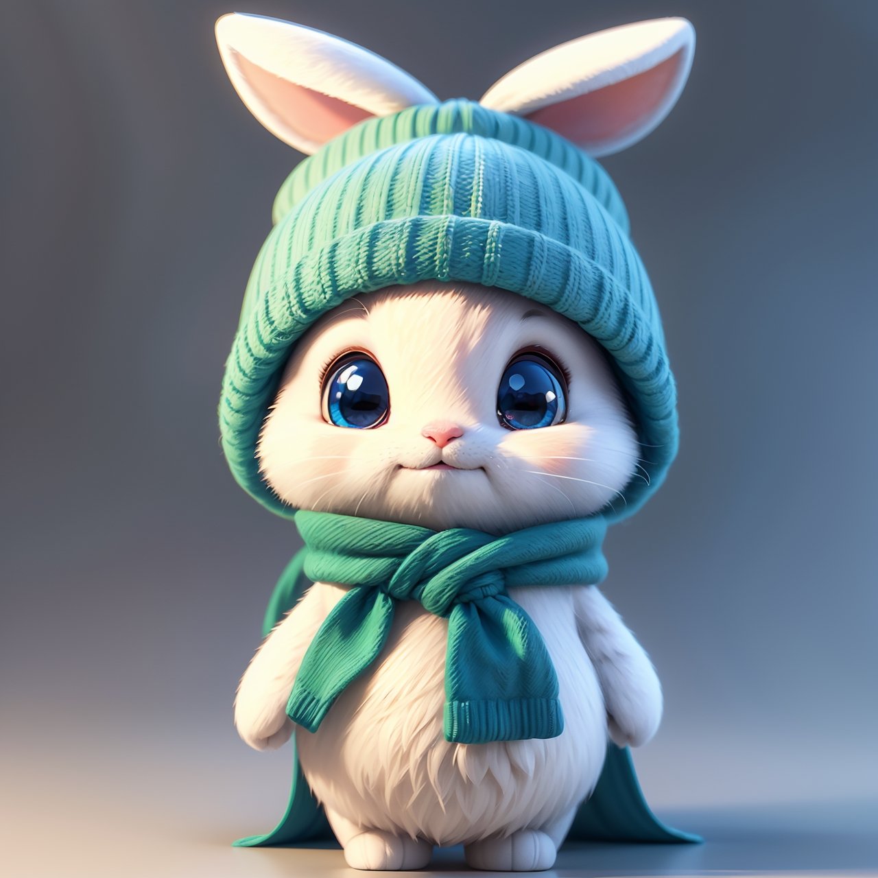 There is a white rabbit wearing a blue hat and a blue scarf,  no_humans,  lovely digital painting by miramura101 on Tensor...